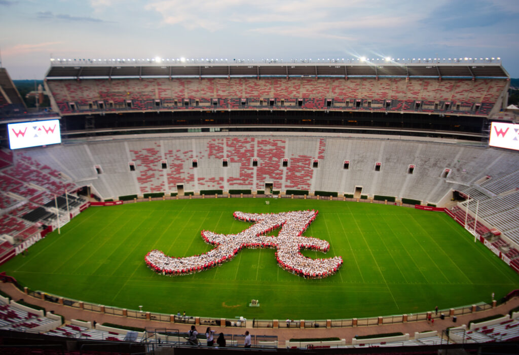 The iconic “Script A” formation on the field at Bryant-Denny Stadium, Tuscaloosa