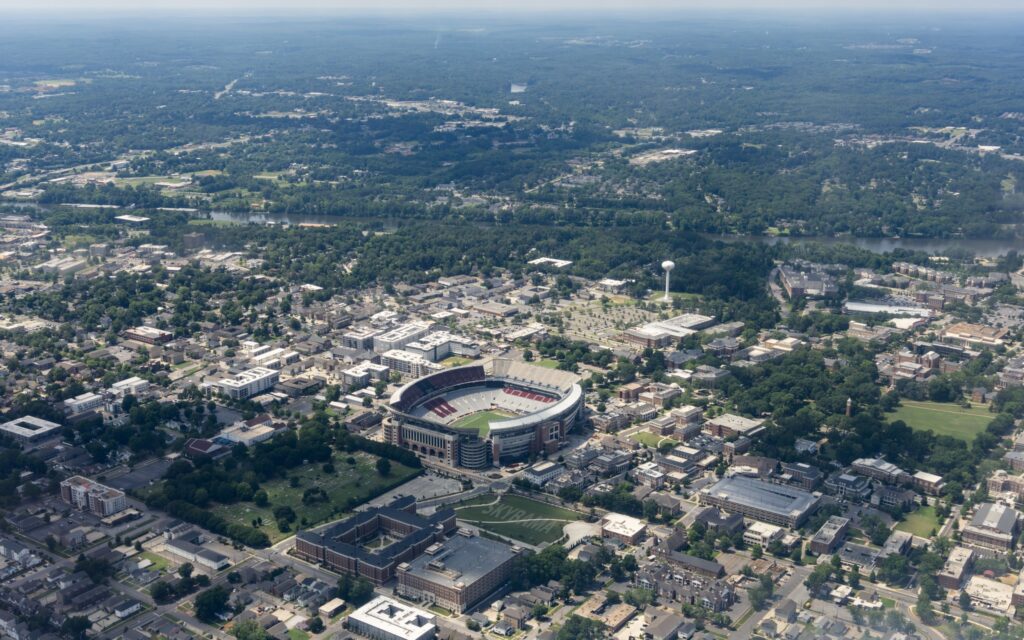 Aerial view of Bryant-Denny Stadium in Tuscaloosa, Alabama.